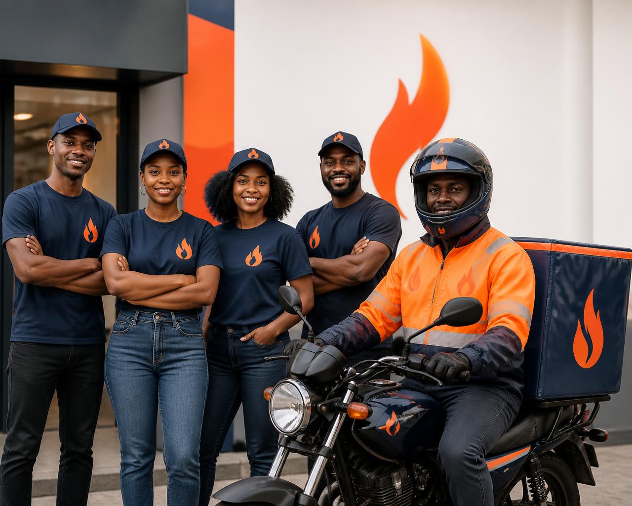 Équipes et chauffeurs moto-taxi en branding FlashGas livrent en toute sécurité.